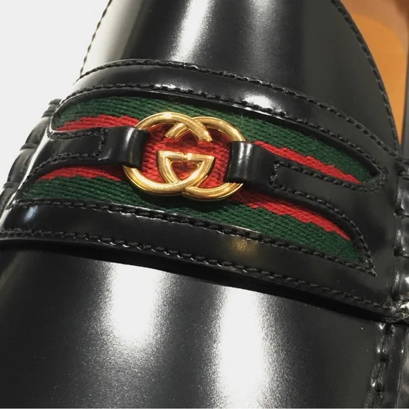 GUCCI INTERLOCKING G WEB LOAFER MOCCASIN -BLACK LEATHER -US 12.5 -NEW - Picture 8 of 10